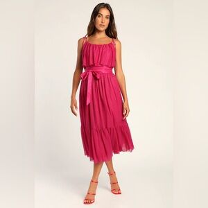 Lulu’s Best Flirt Forward Magenta Shiny‎ Mesh Tie-Strap Midi Dress Medium